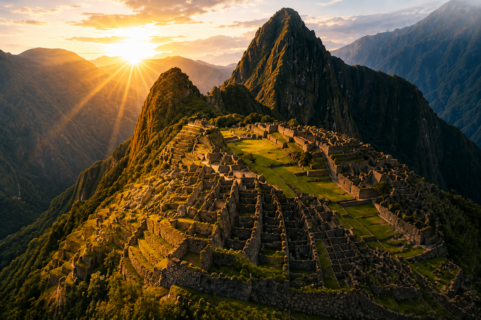 Machu Picchu at sunrise in the Peruvian Andes