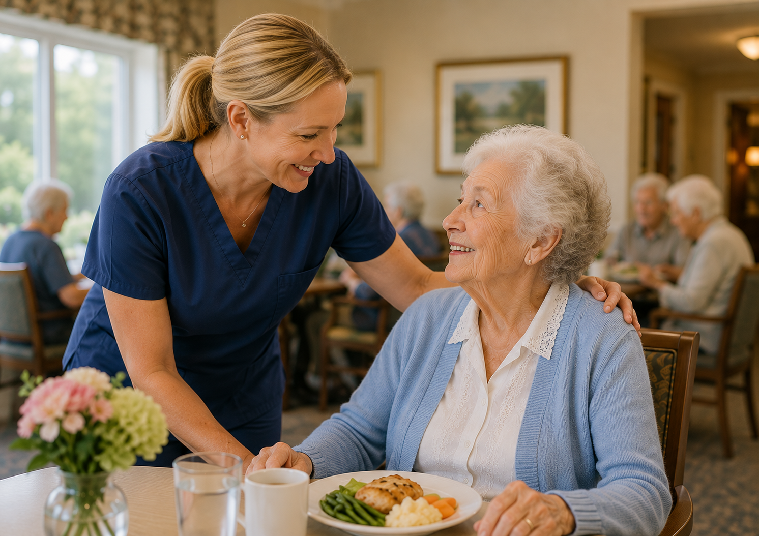 Caregiver supporting a senior living resident in a warm community dining room